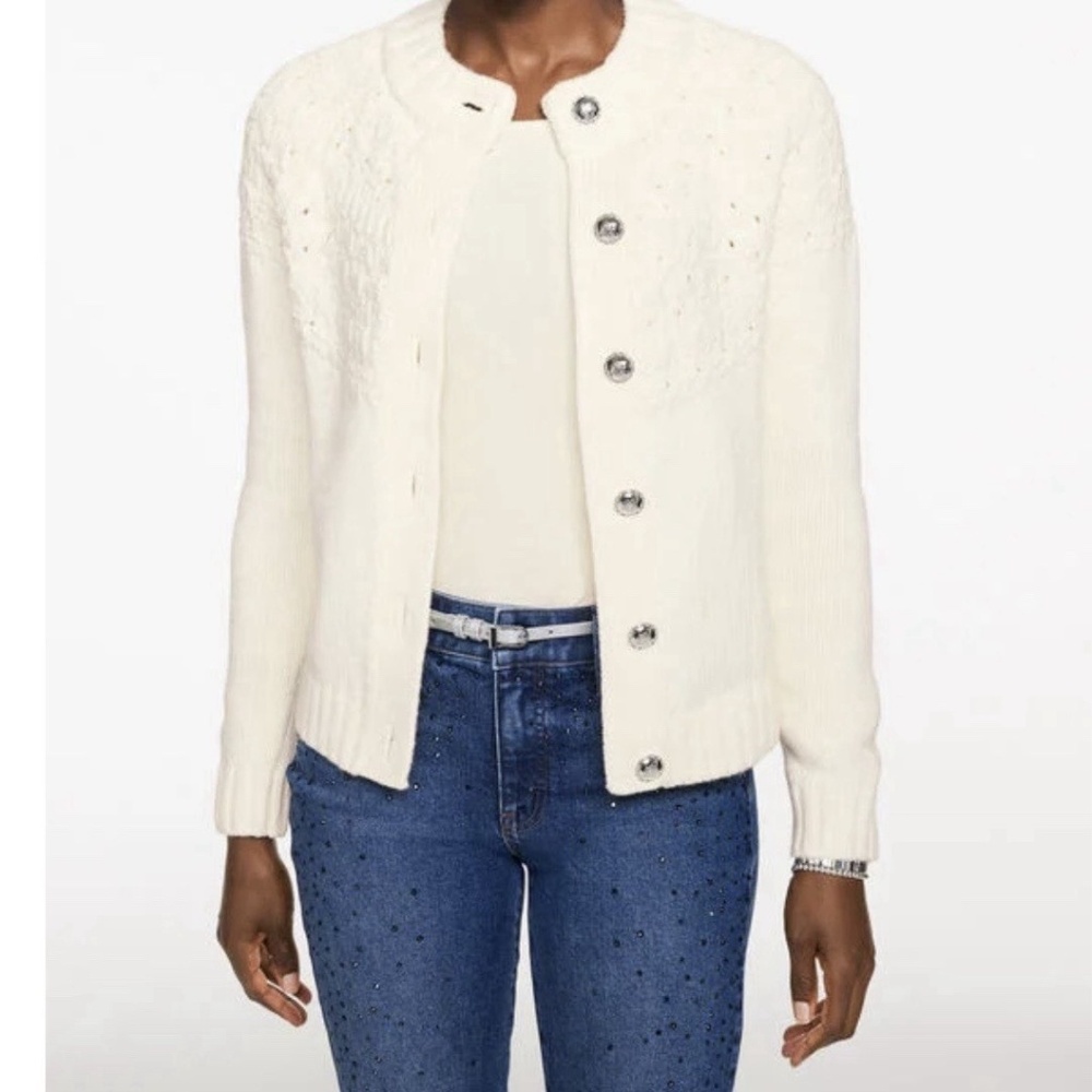 Talbots Pointelle Mockneck Cardigan Sweater Ivory Size M Button Front NWT $139